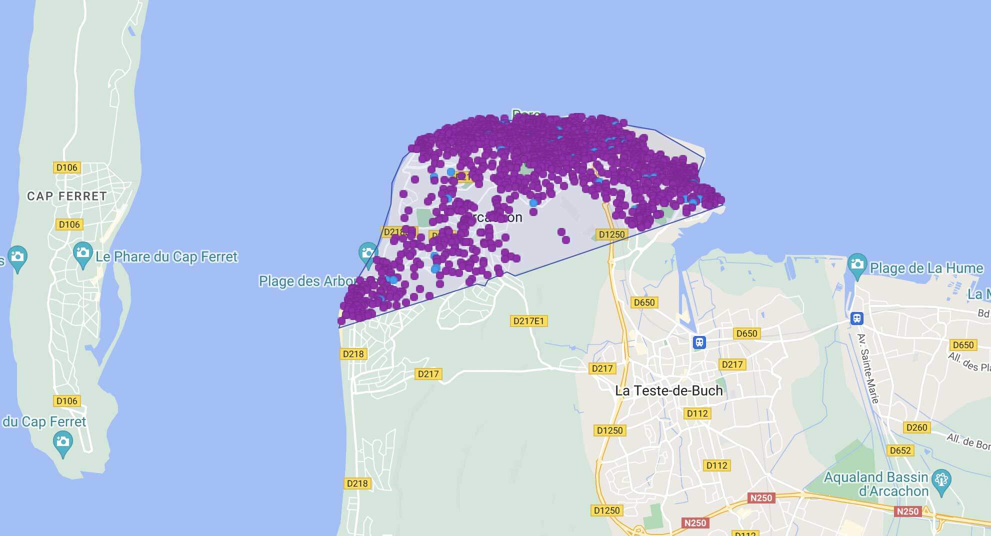 Geographical distribution of rentals in Arcachon